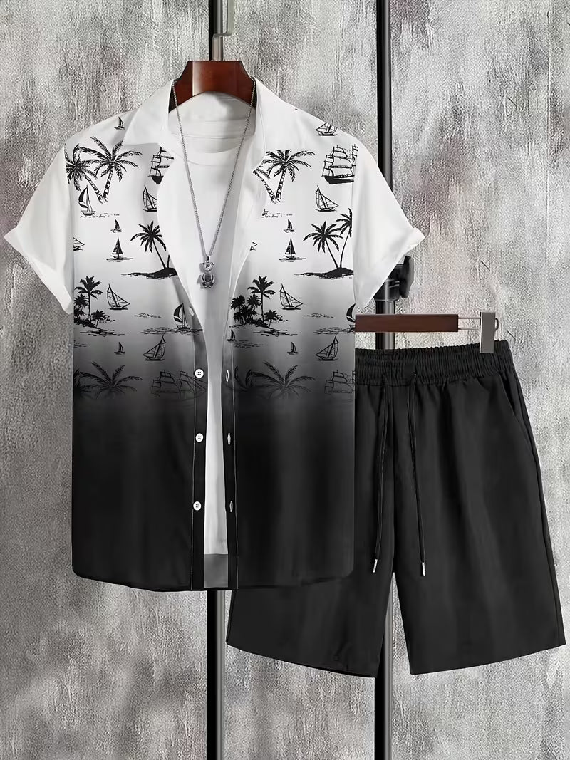 Men’s Tropical Coconut Tree Print Co-Ord Set – 2-Piece Hawaiian Beach Outfit
