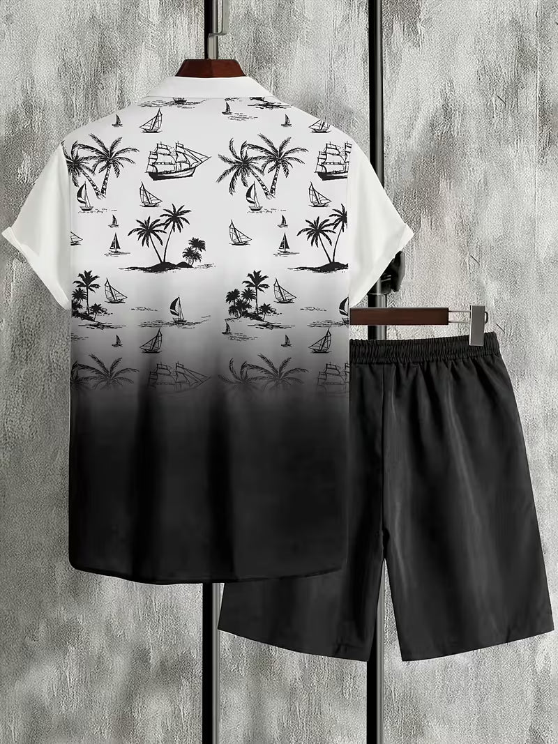 Men’s Tropical Coconut Tree Print Co-Ord Set – 2-Piece Hawaiian Beach Outfit