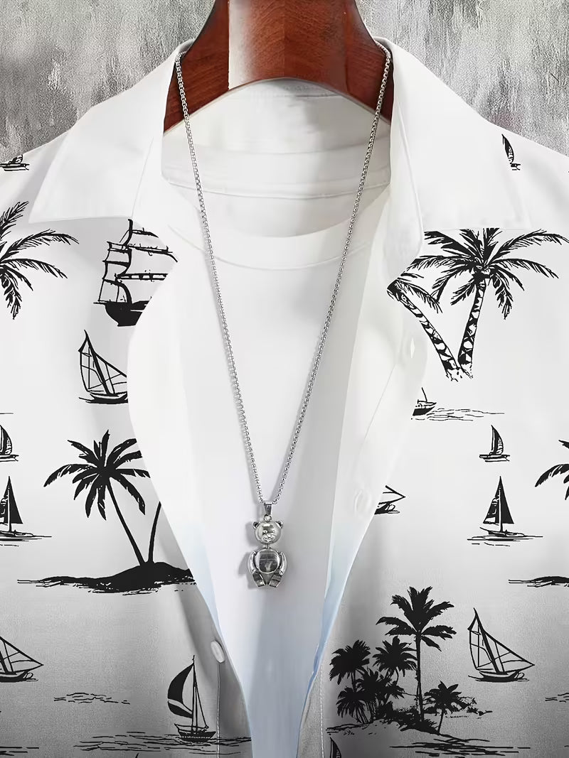 Men’s Tropical Coconut Tree Print Co-Ord Set – 2-Piece Hawaiian Beach Outfit
