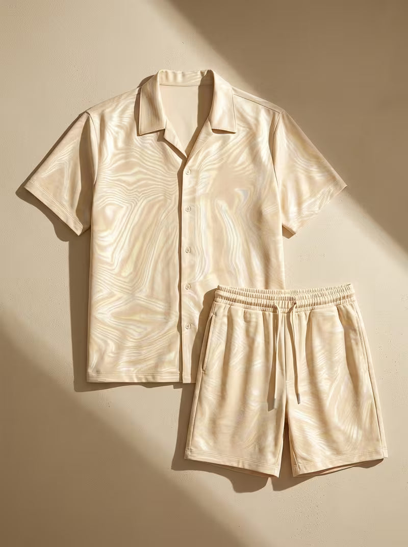 Men’s Khaki Short-Sleeve Shirt and Shorts Set – 2-Piece Summer Outfit