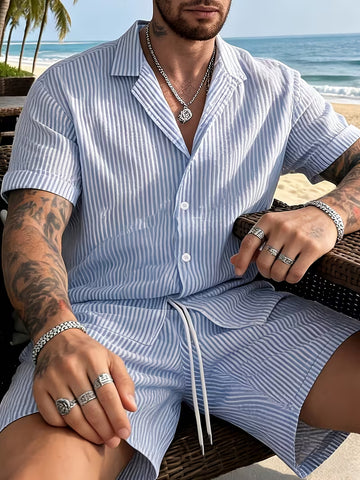 Men’s Color Block Seersucker Co-Ord Set – 2-Piece Summer Outfit