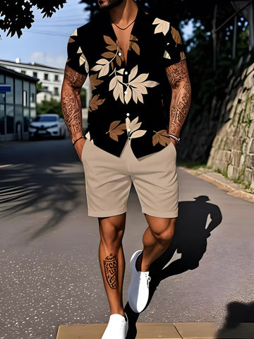 Men’s Tropical Leaf Print Shirt and Shorts Set – 2-Piece Summer Vacation Outfit