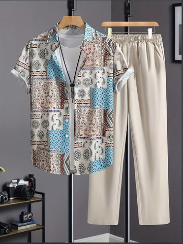 Men’s Paisley Print Shirt and Casual Pants Set – Elegant 2-Piece Vacation Outfit