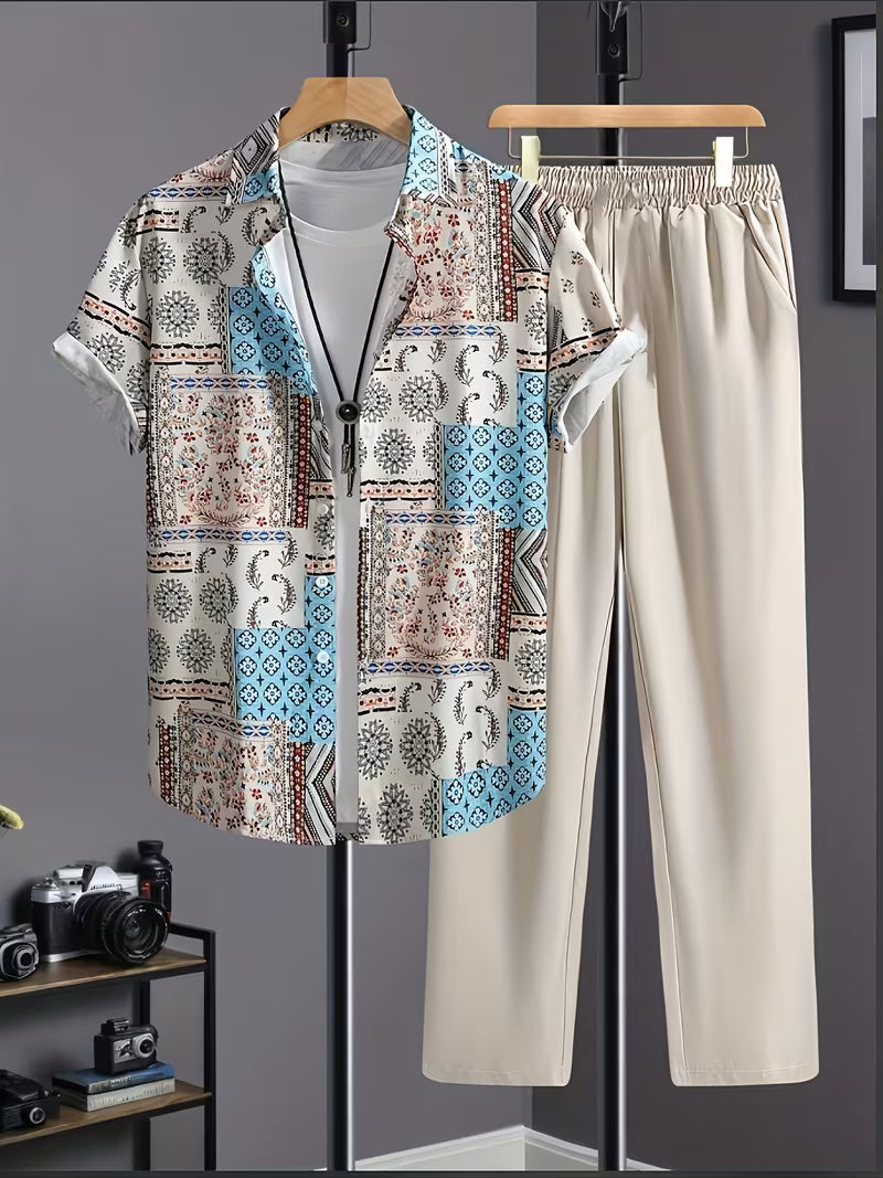 Men’s Paisley Print Shirt and Casual Pants Set – Elegant 2-Piece Vacation Outfit