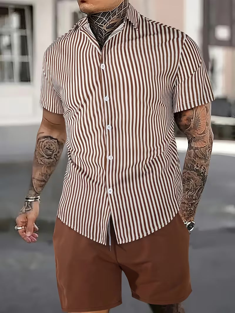 Men’s Striped Shirt and Solid Drawstring Shorts Set – 2-Piece Summer Outfit