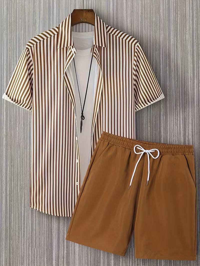 Men’s Striped Shirt and Solid Drawstring Shorts Set – 2-Piece Summer Outfit