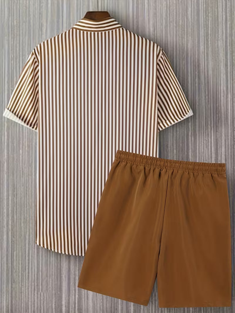 Men’s Striped Shirt and Solid Drawstring Shorts Set – 2-Piece Summer Outfit