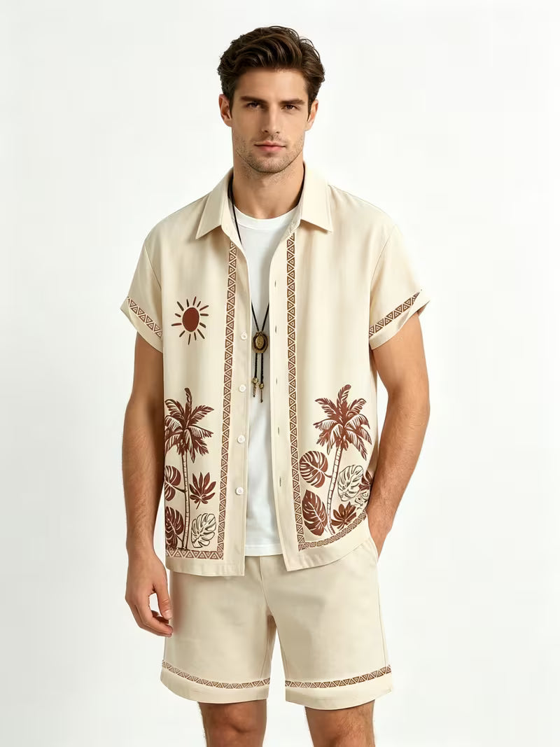 Men’s 3D Tropical Print Shirt and Shorts Set – 2-Piece Hawaiian Vacation Outfit