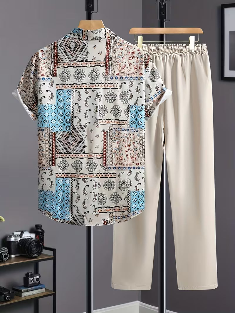 Men’s Paisley Print Shirt and Casual Pants Set – Elegant 2-Piece Vacation Outfit