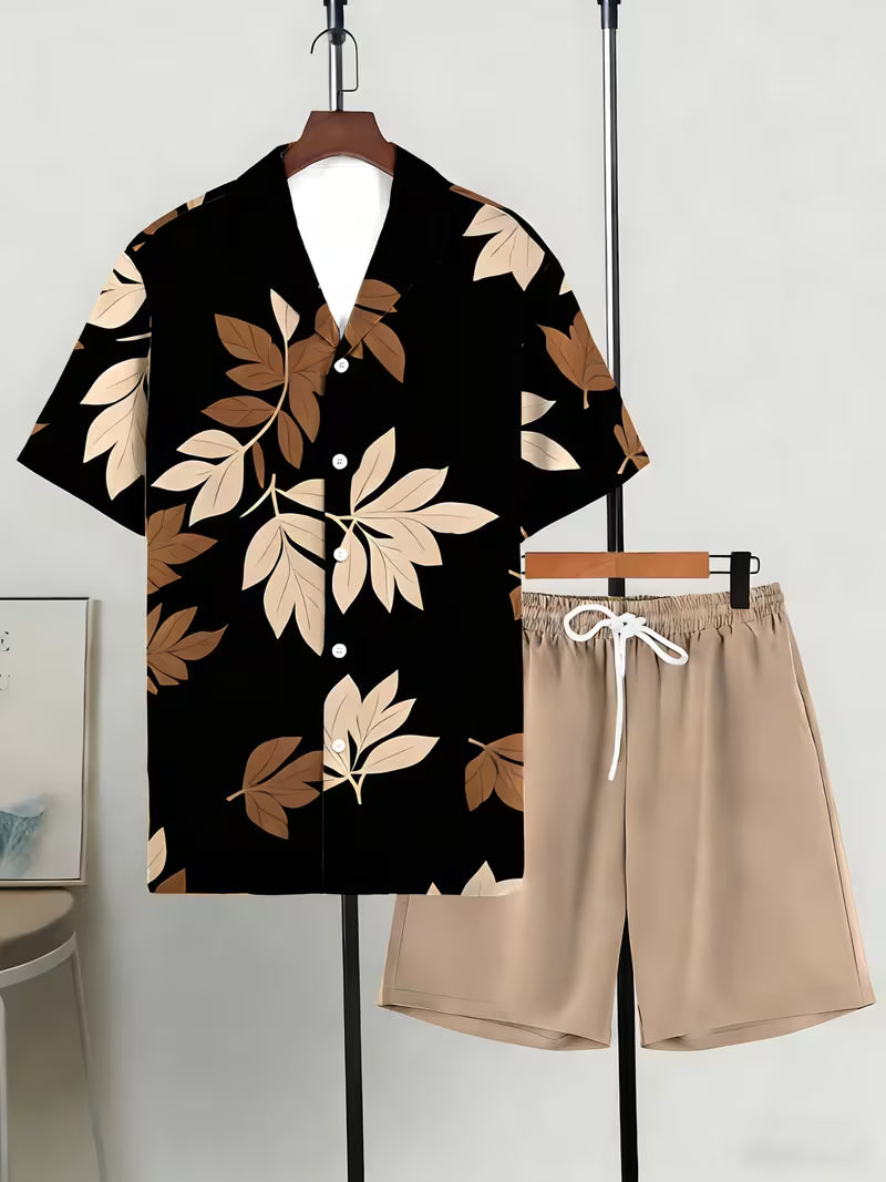 Men’s Tropical Leaf Print Shirt and Shorts Set – 2-Piece Summer Vacation Outfit