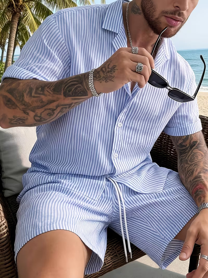 Men’s Color Block Seersucker Co-Ord Set – 2-Piece Summer Outfit