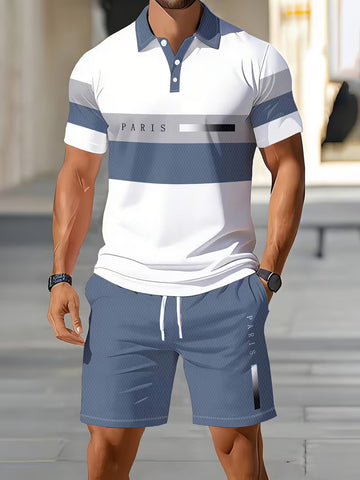 Men’s Digital Print Polo Shirt and Shorts Set – 2-Piece Summer Outfit