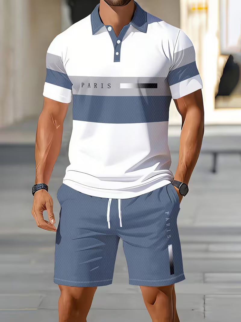 Men’s Digital Print Polo Shirt and Shorts Set – 2-Piece Summer Outfit