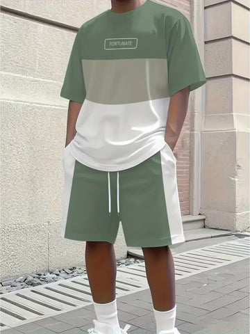 Men's Fashion Color-Block Printed Short-Sleeve Shorts Set