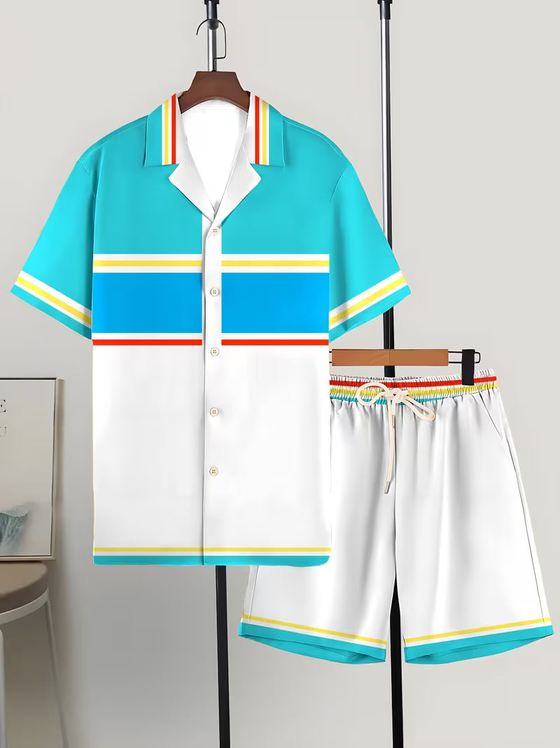 Men’s Tropical Striped Summer Shirt and Shorts Set – 2-Piece Casual Loungewear