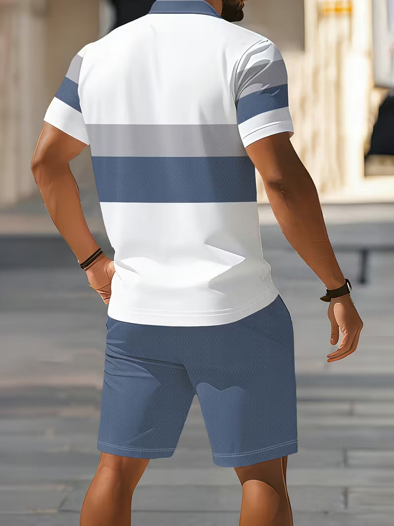 Men’s Digital Print Polo Shirt and Shorts Set – 2-Piece Summer Outfit