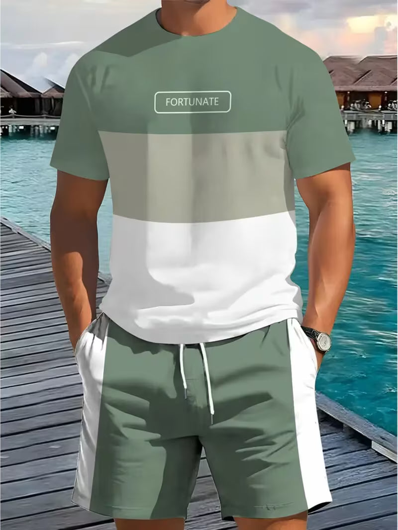 Men's Fashion Color-Block Printed Short-Sleeve Shorts Set