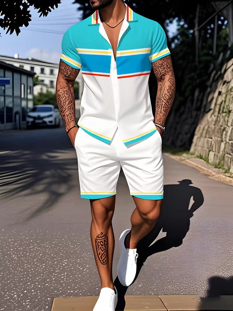 Men’s Tropical Striped Summer Shirt and Shorts Set – 2-Piece Casual Loungewear