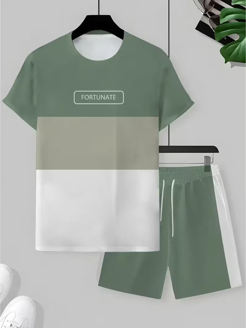 Men's Fashion Color-Block Printed Short-Sleeve Shorts Set