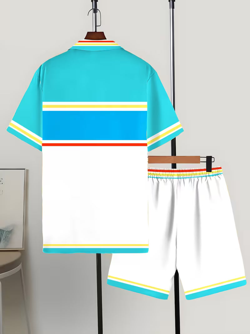 Men’s Tropical Striped Summer Shirt and Shorts Set – 2-Piece Casual Loungewear