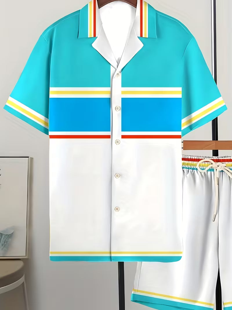 Men’s Tropical Striped Summer Shirt and Shorts Set – 2-Piece Casual Loungewear