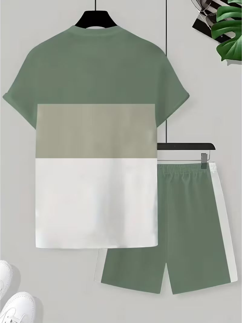 Men's Fashion Color-Block Printed Short-Sleeve Shorts Set