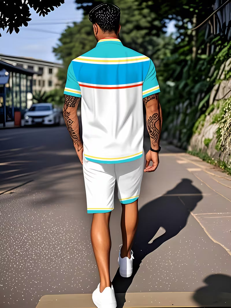 Men’s Tropical Striped Summer Shirt and Shorts Set – 2-Piece Casual Loungewear