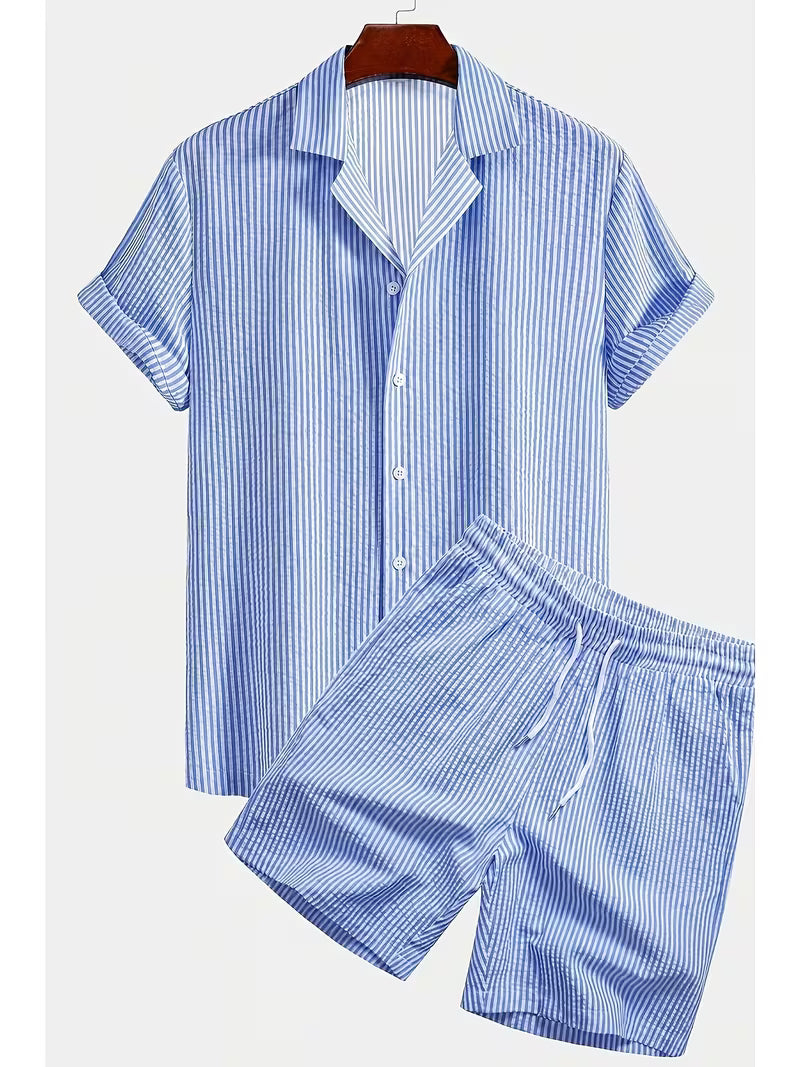 Men’s Color Block Seersucker Co-Ord Set – 2-Piece Summer Outfit