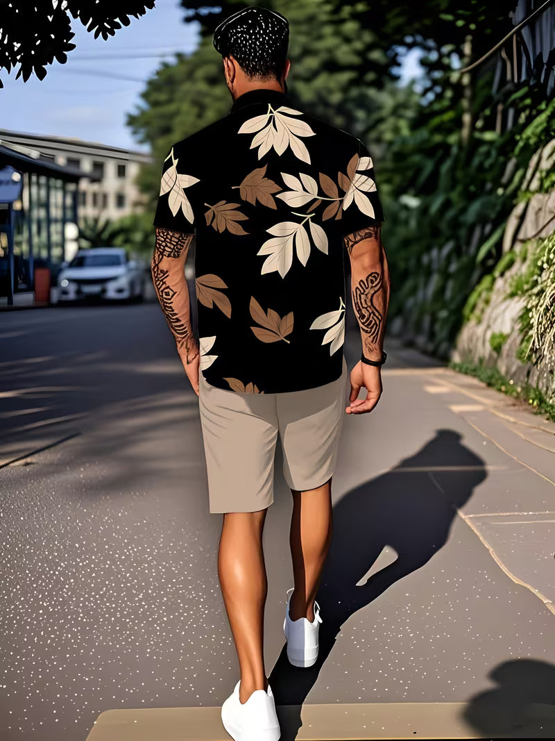 Men’s Tropical Leaf Print Shirt and Shorts Set – 2-Piece Summer Vacation Outfit