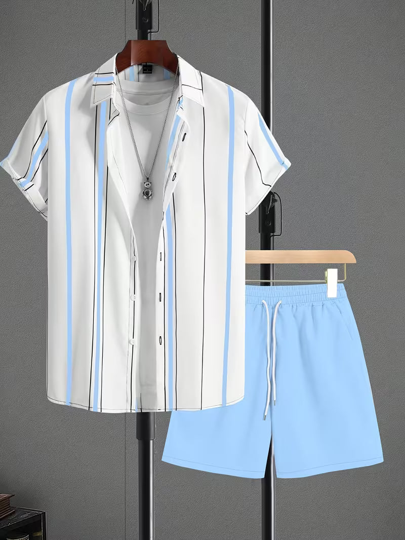 Men’s Striped Print Shirt and Drawstring Shorts Set – 2-Piece Summer Outfit
