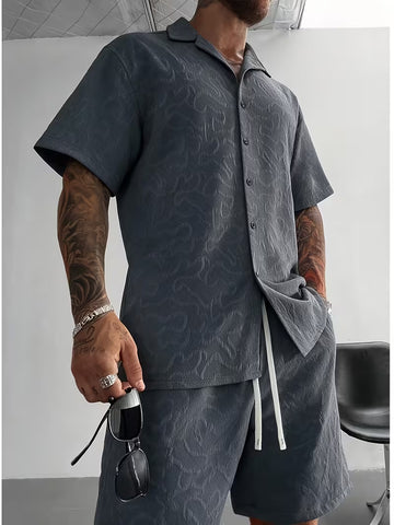 Men’s Jacquard Shirt and Shorts Set – 2-Piece Summer Holiday Outfit