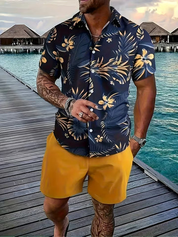 2pcs Printed Men's Summer Short Sleeve Button- Shirt and Shorts Set
