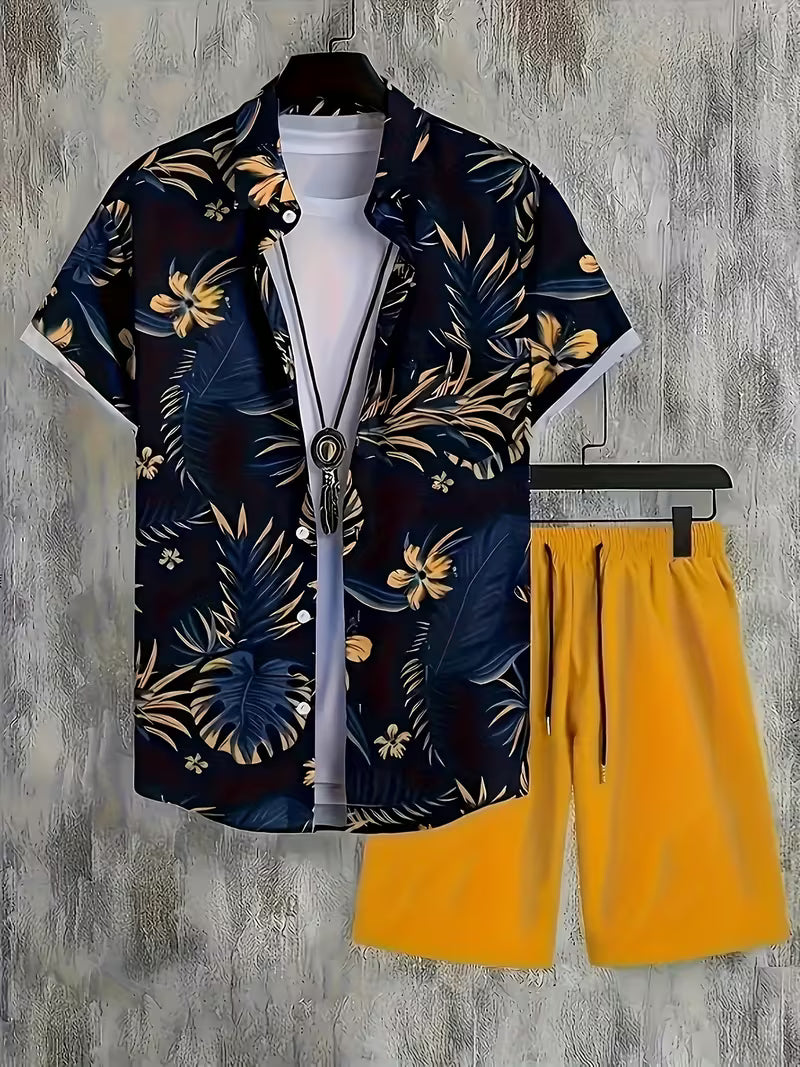 2pcs Printed Men's Summer Short Sleeve Button- Shirt and Shorts Set