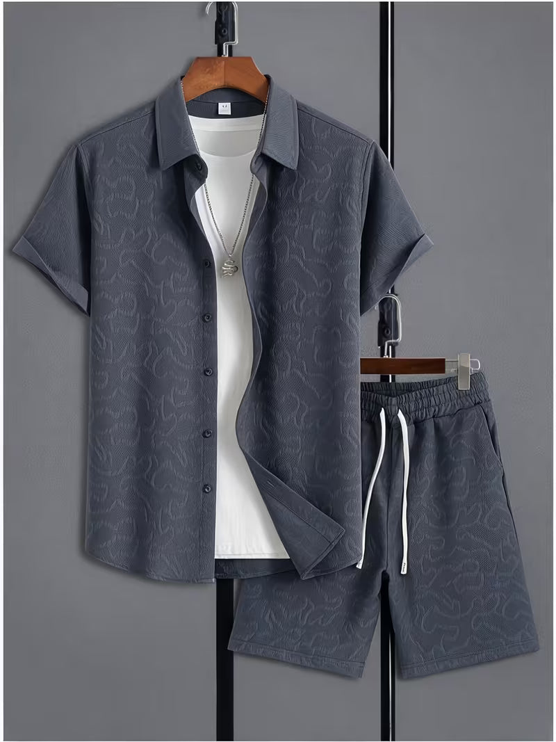 Men’s Jacquard Shirt and Shorts Set – 2-Piece Summer Holiday Outfit