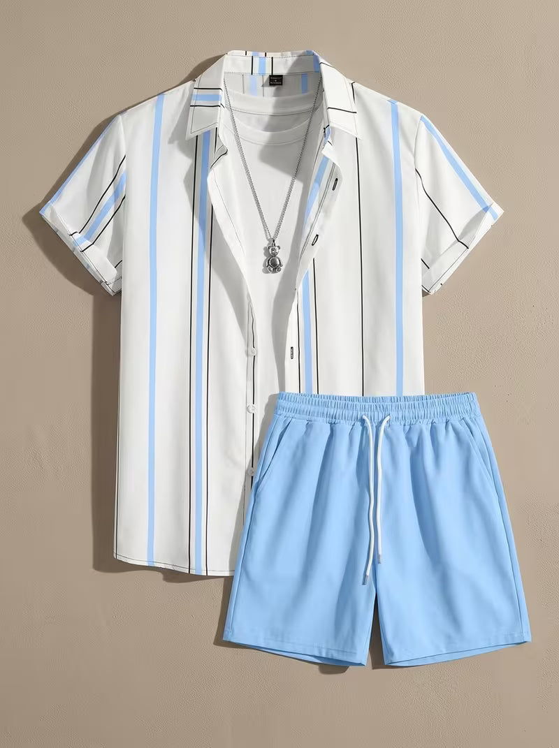Men’s Striped Print Shirt and Drawstring Shorts Set – 2-Piece Summer Outfit