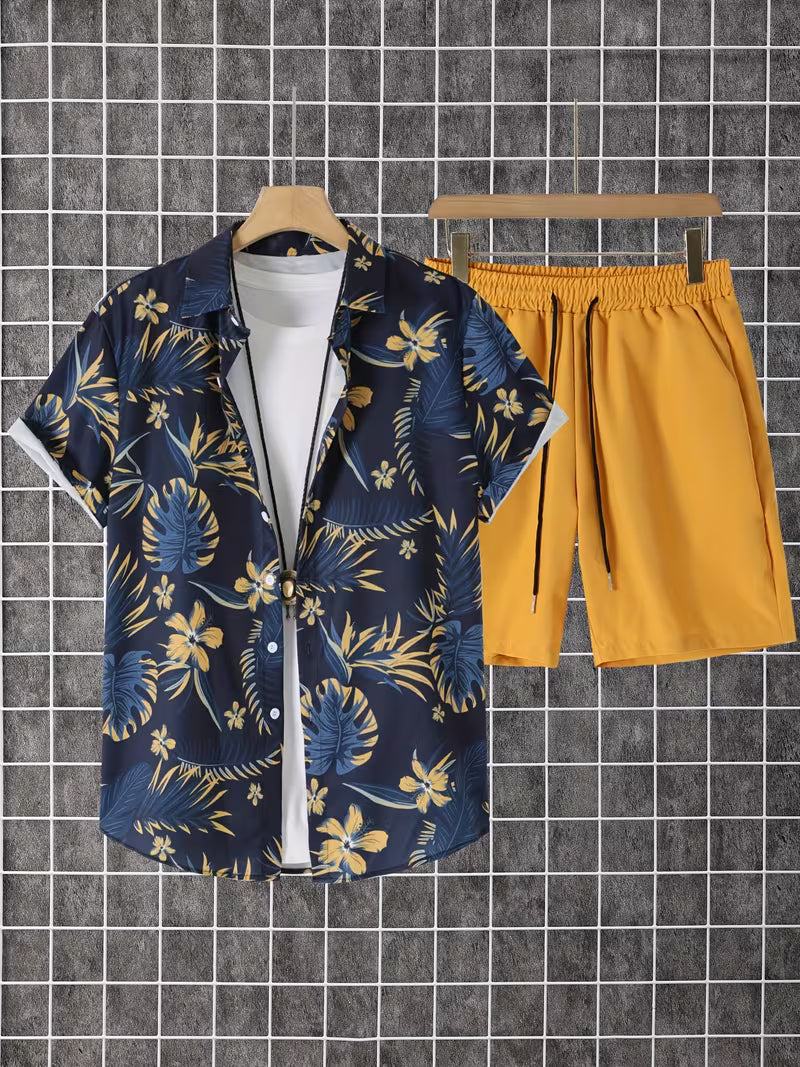 2pcs Printed Men's Summer Short Sleeve Button- Shirt and Shorts Set