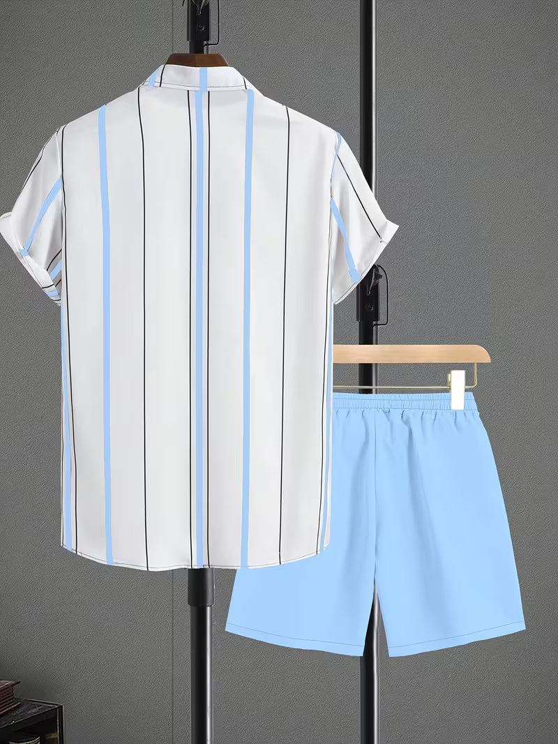 Men’s Striped Print Shirt and Drawstring Shorts Set – 2-Piece Summer Outfit