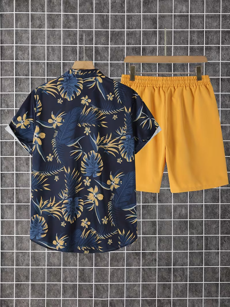 2pcs Printed Men's Summer Short Sleeve Button- Shirt and Shorts Set