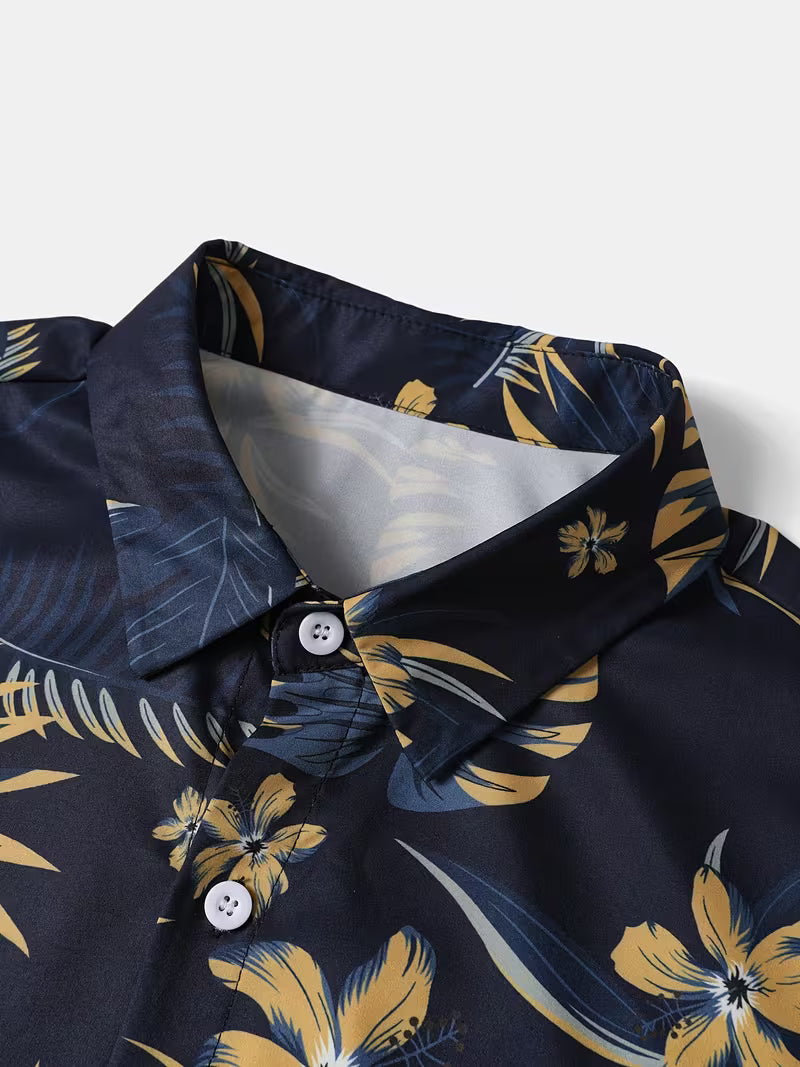 2pcs Printed Men's Summer Short Sleeve Button- Shirt and Shorts Set