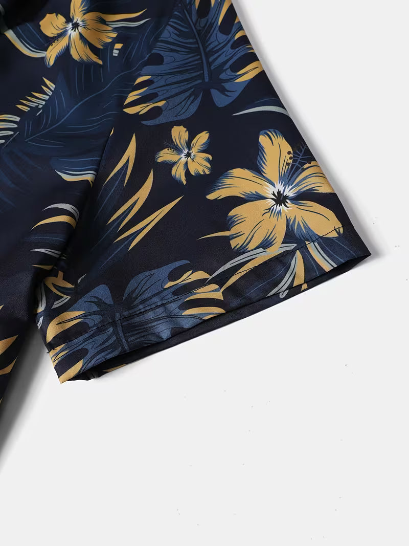 2pcs Printed Men's Summer Short Sleeve Button- Shirt and Shorts Set
