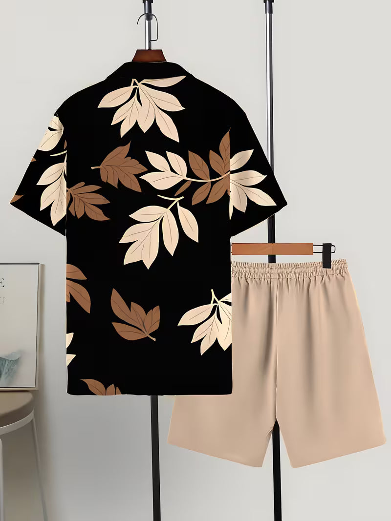 Men’s Tropical Leaf Print Shirt and Shorts Set – 2-Piece Summer Vacation Outfit