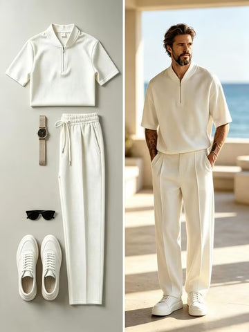 Men’s Solid Color Waffle Texture Co-Ord Set – 2-Piece Casual Streetwear Outfit