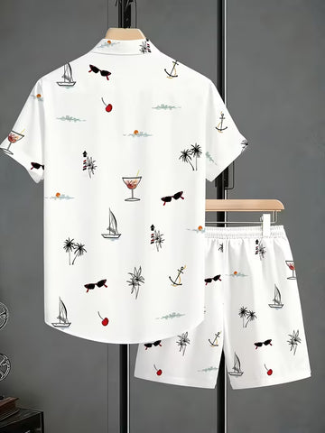 Men’s Summer Printed Shirt and Drawstring Shorts Set – 2-Piece Casual Outfit