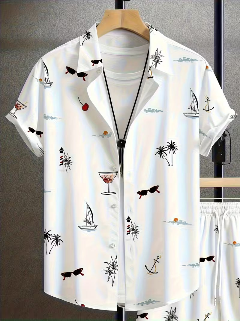 Men’s Summer Printed Shirt and Drawstring Shorts Set – 2-Piece Casual Outfit