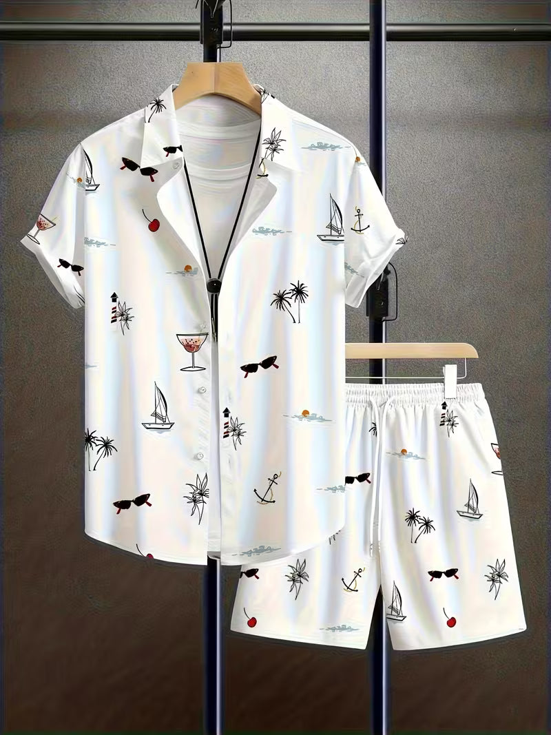 Men’s Summer Printed Shirt and Drawstring Shorts Set – 2-Piece Casual Outfit