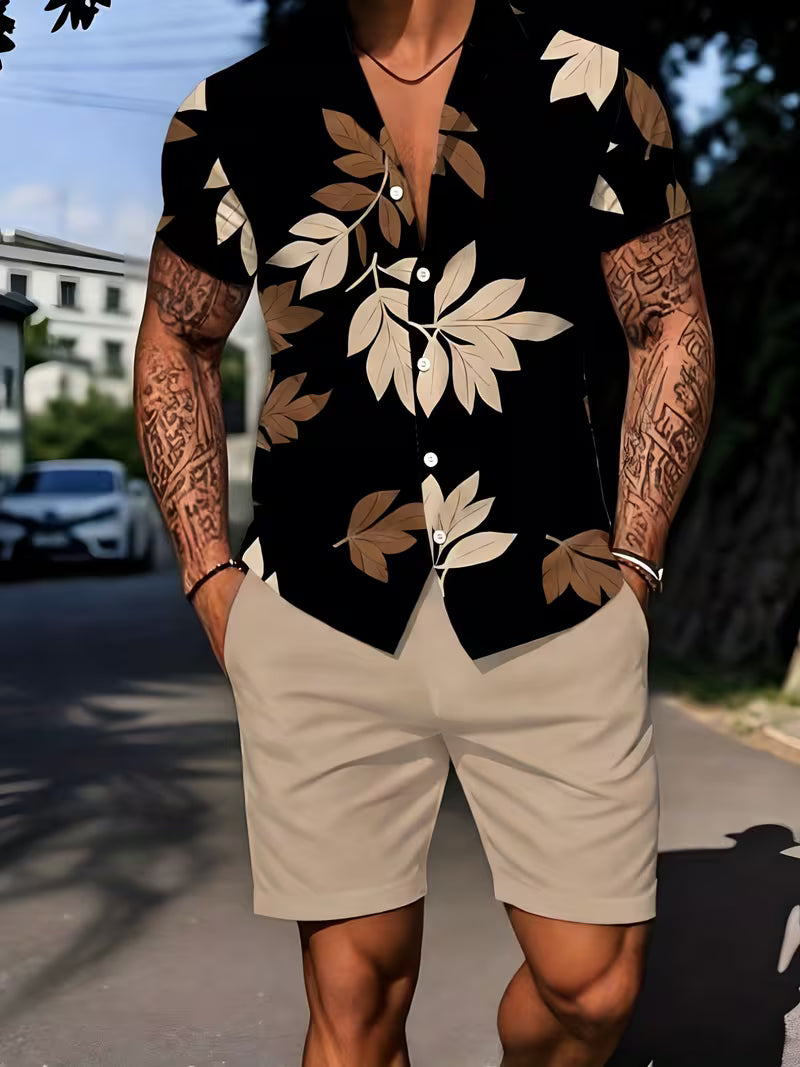 Men’s Tropical Leaf Print Shirt and Shorts Set – 2-Piece Summer Vacation Outfit