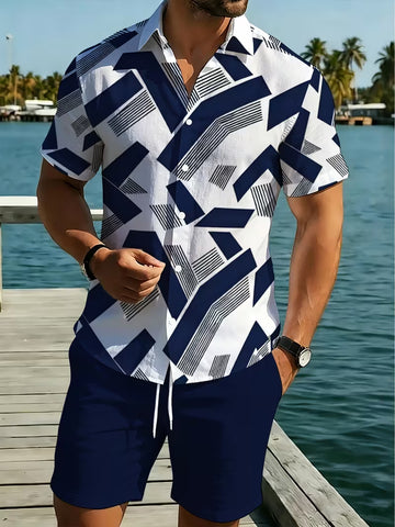 Men’s White Printed Shirt and Shorts Set – 2-Piece Summer Outfit