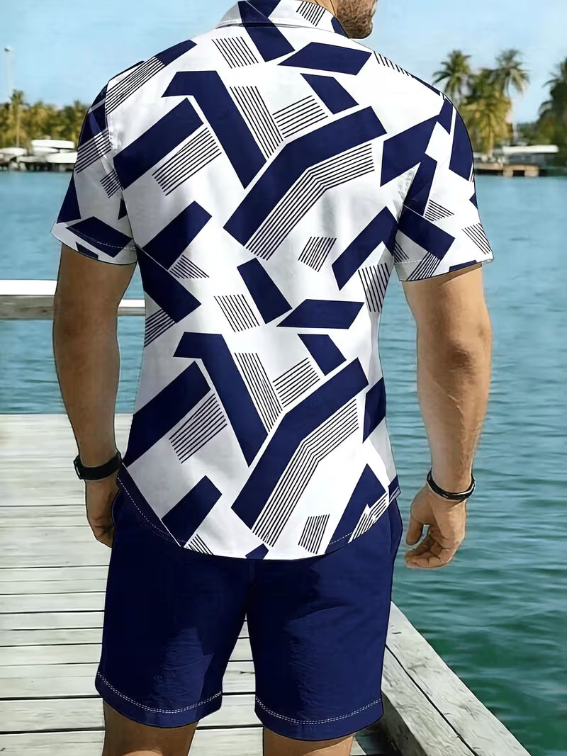 Men’s White Printed Shirt and Shorts Set – 2-Piece Summer Outfit