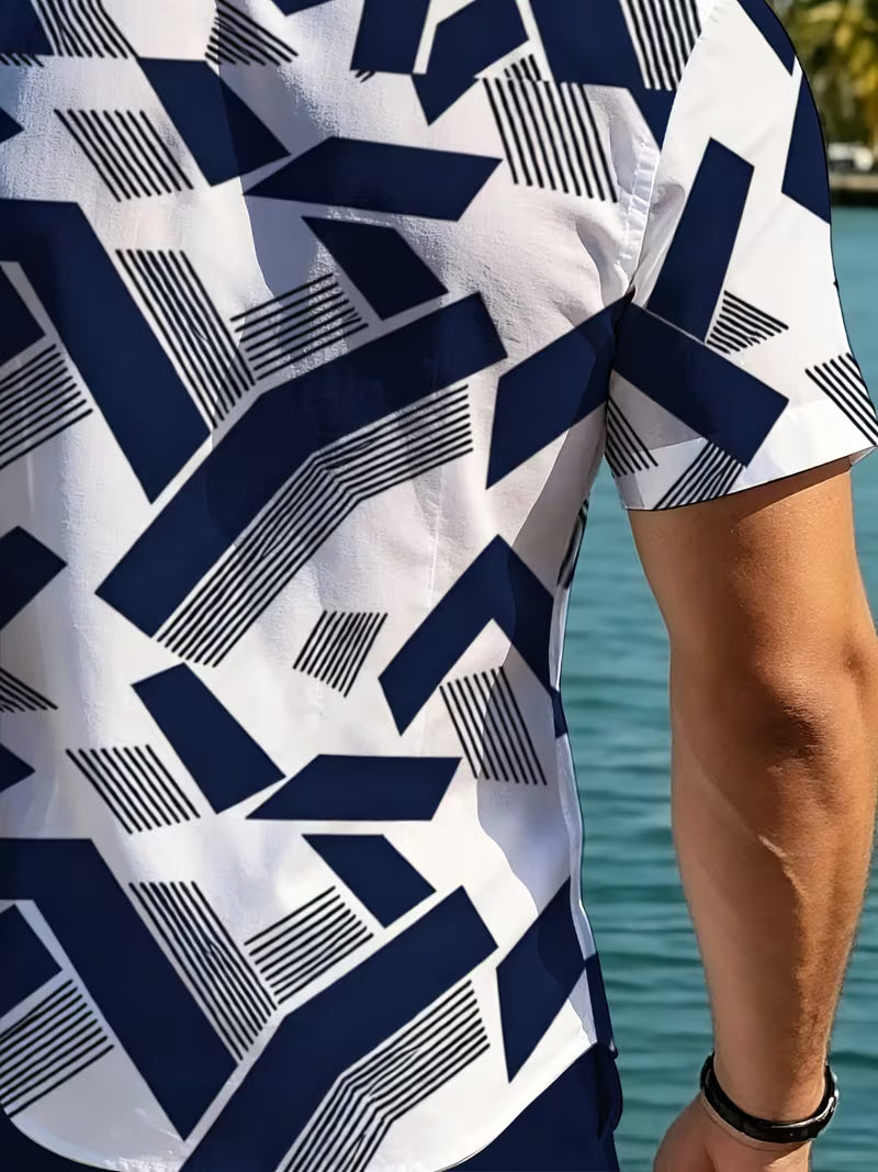 Men’s White Printed Shirt and Shorts Set – 2-Piece Summer Outfit