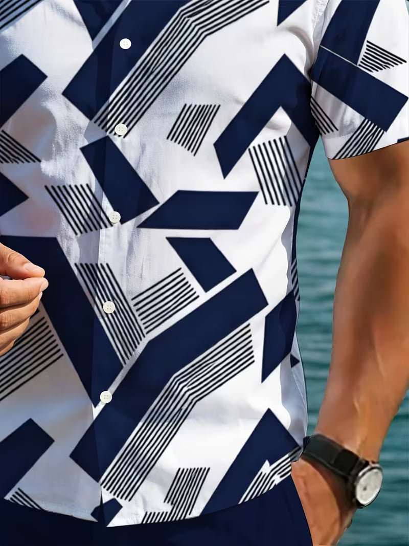 Men’s White Printed Shirt and Shorts Set – 2-Piece Summer Outfit